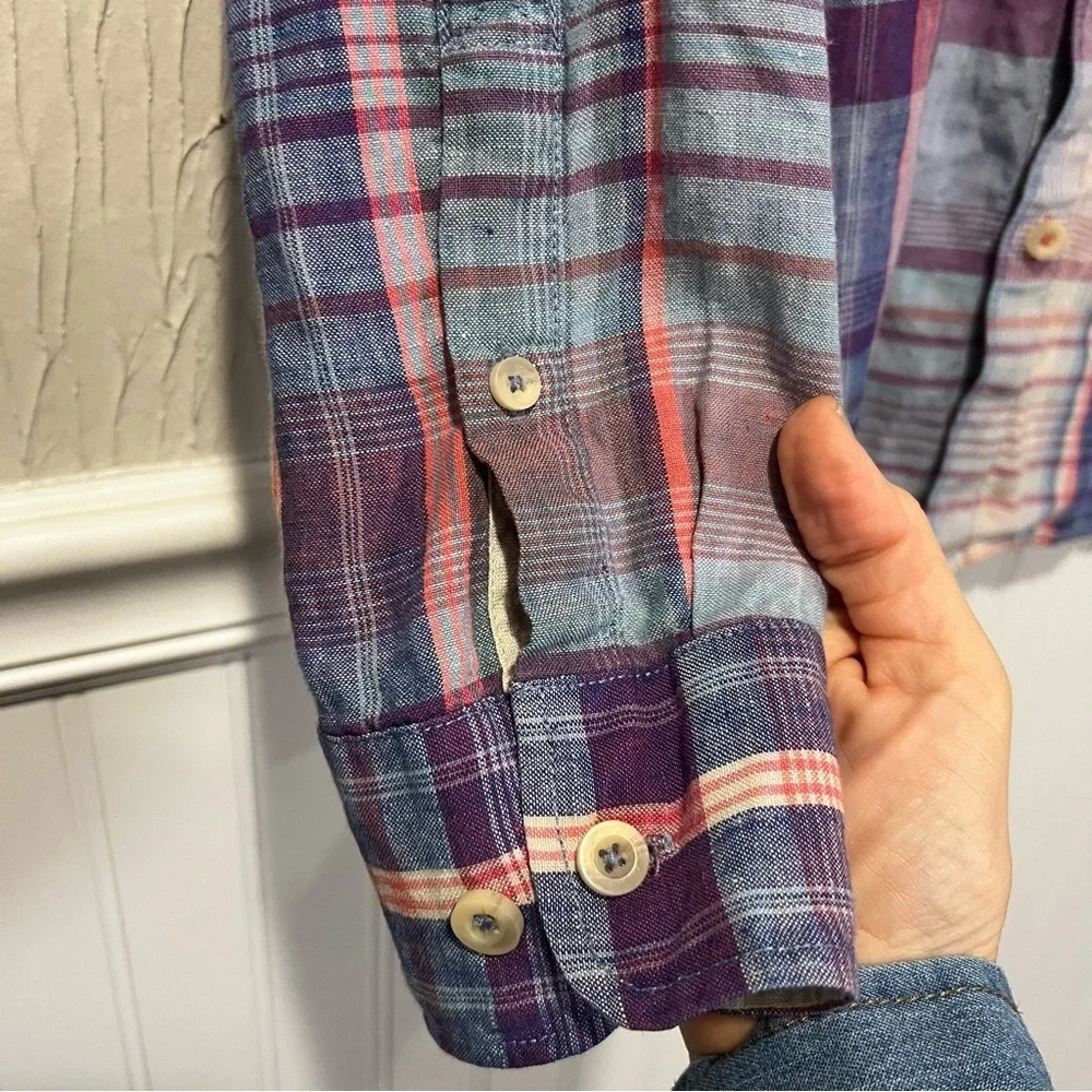Tommy Bahama Linen Blue and Pink Plaid Button-Down Shirt size medium